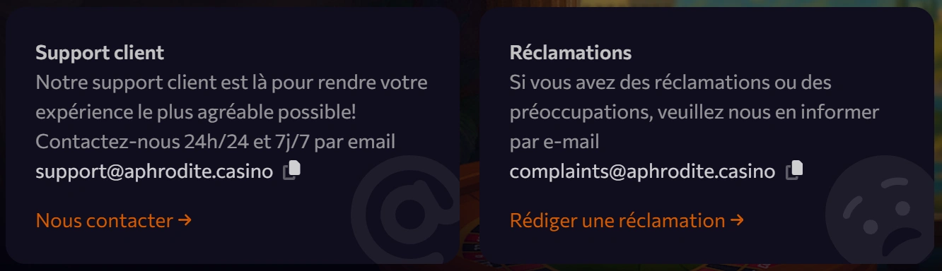 Support au Joueur chez Aphrodite Casino